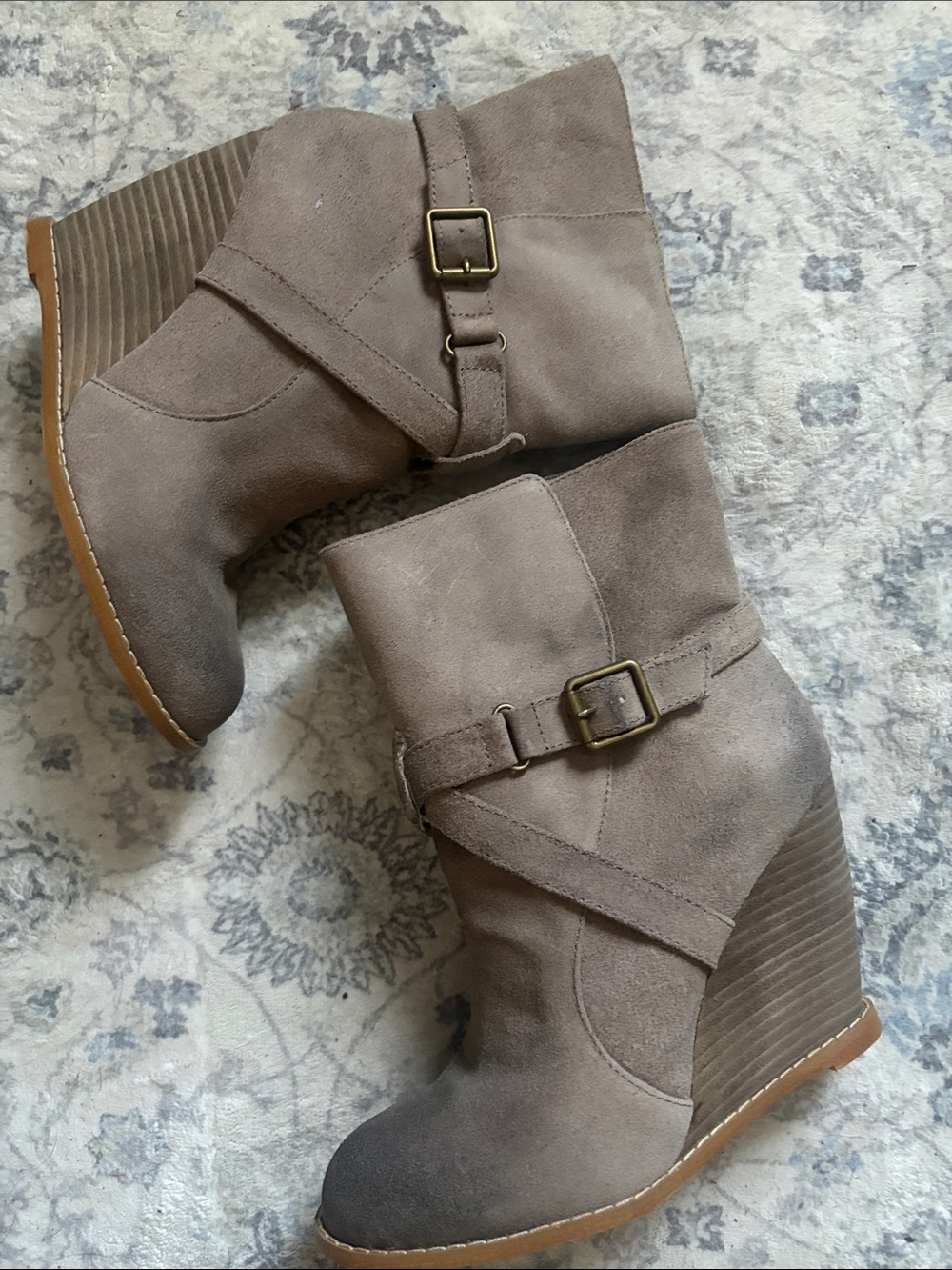 BCBG Taupe Suede Wedge Booties with Buckle Detail